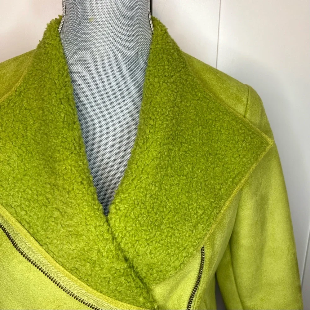 Kial Lime Green Faux Suede Sherpa Statement Moto Jacket - Picture 7 of 7
